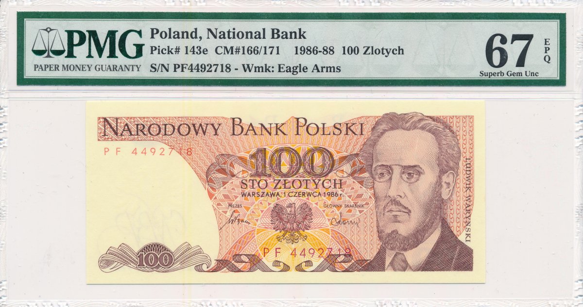 100 zł 1986 rok - seria PF - PMG 67 EPQ